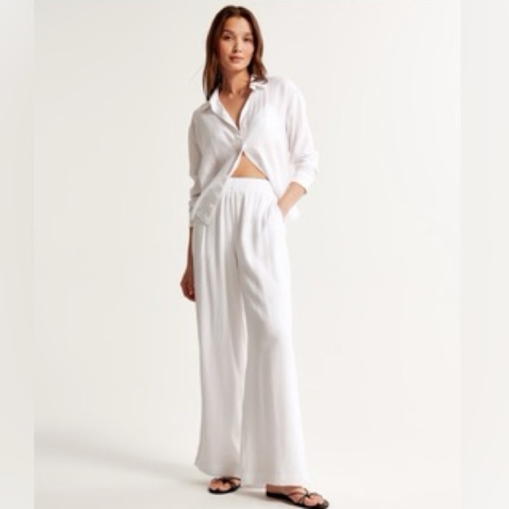 Abercrombie White Crinkle Wide-Leg Pull-On Pants (LONG)